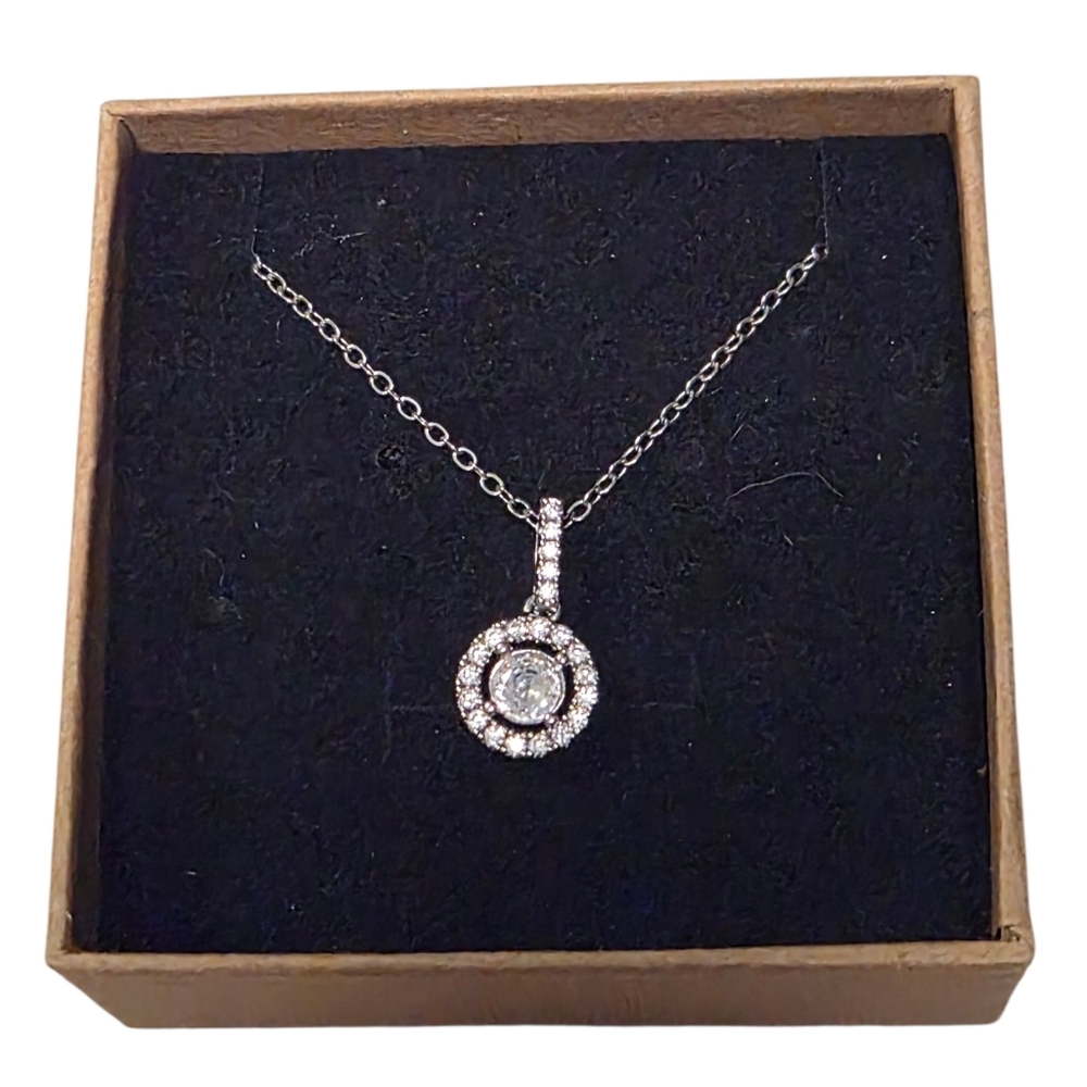Moissanite Halo Pendant Necklace – Silver Tone - New In Box